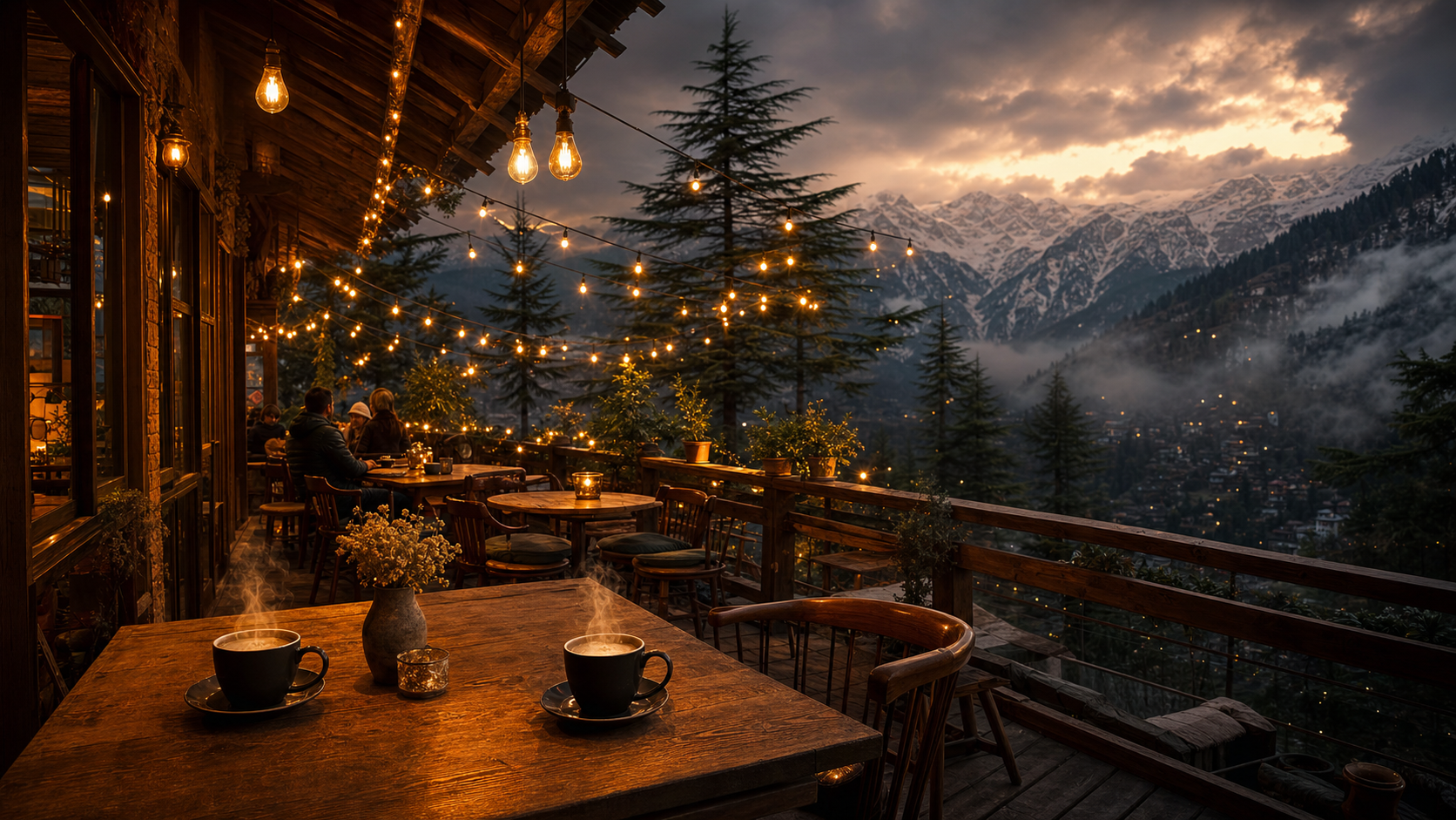 Mist & Pine Café terrace at golden hour with mountain view