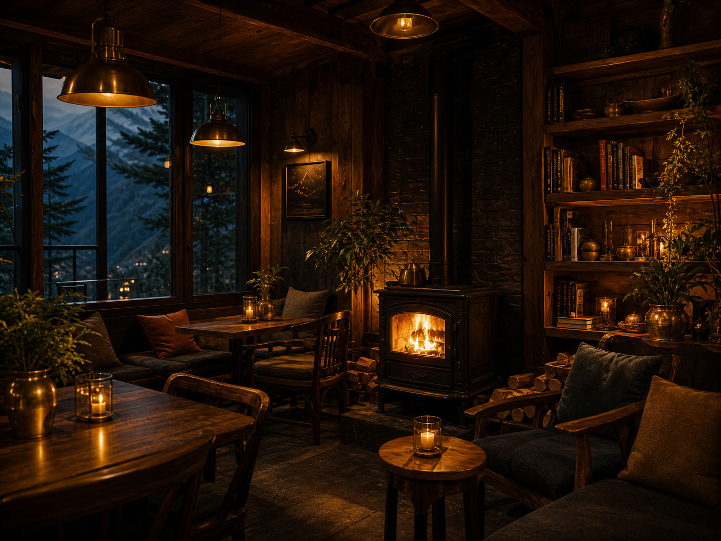 Cosy café interior with warm lighting